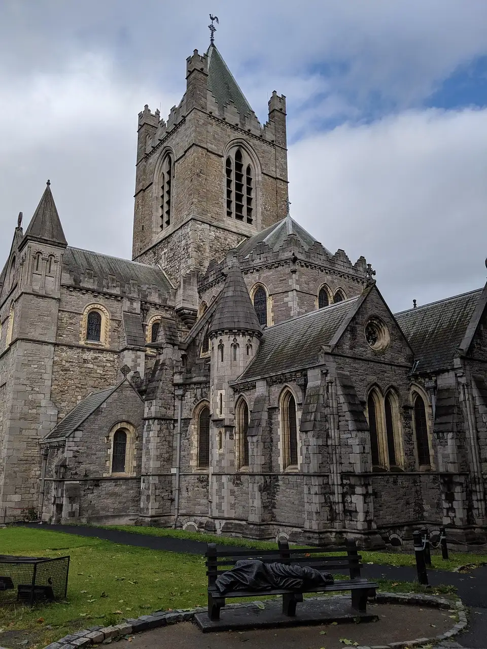 The grey stone tower and pointed roofs of Christ Church Cathedral in Dublin