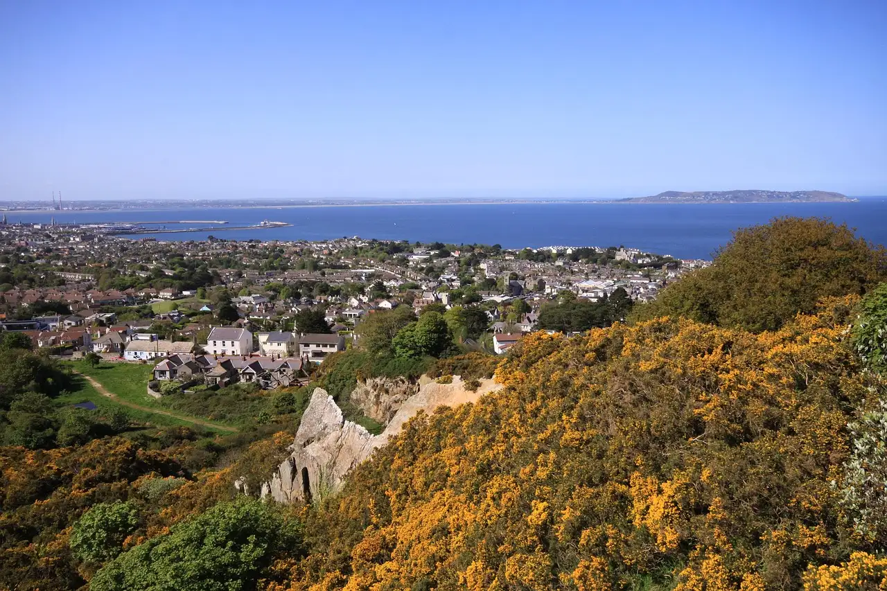 A view over the houses of south Dublin to Dublin Bay and Howth Head
