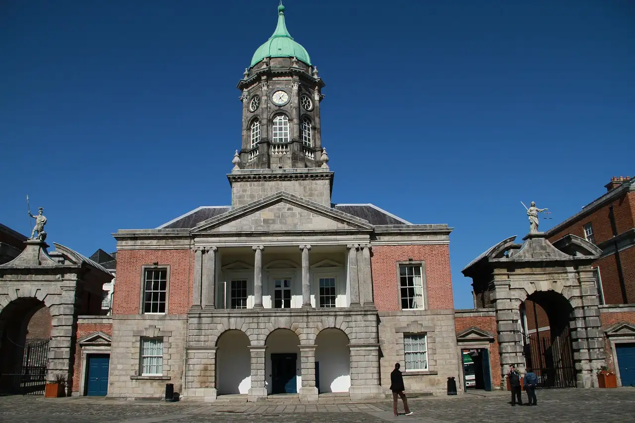 The red-brick Bedford Tower with its green dome above the cobbled Upper Yard of Dublin Castle