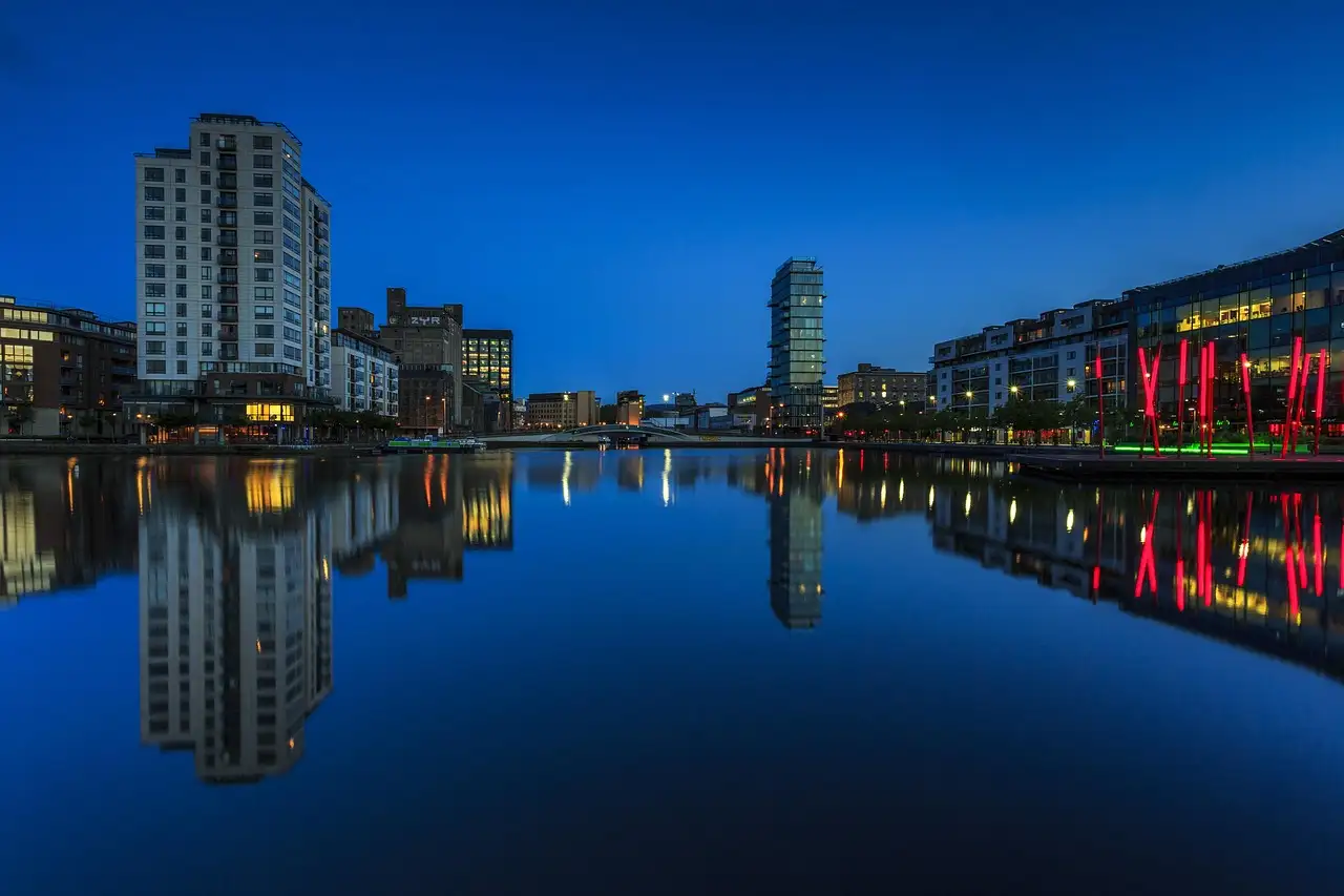 Dublin's Docklands at blue hour, with modern buildings reflected in still water