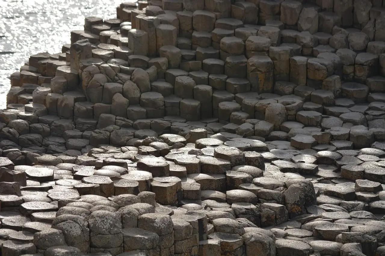 Stacks of six-sided basalt columns at the Giant's Causeway