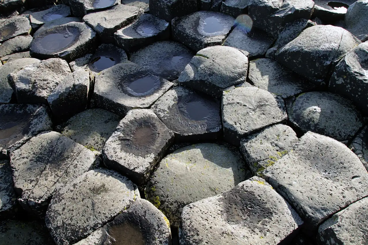 Close-up of the flat, six-sided stone tops at the Giant's Causeway