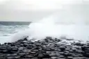 A wave breaking over the dark basalt stones of the Giant's Causeway