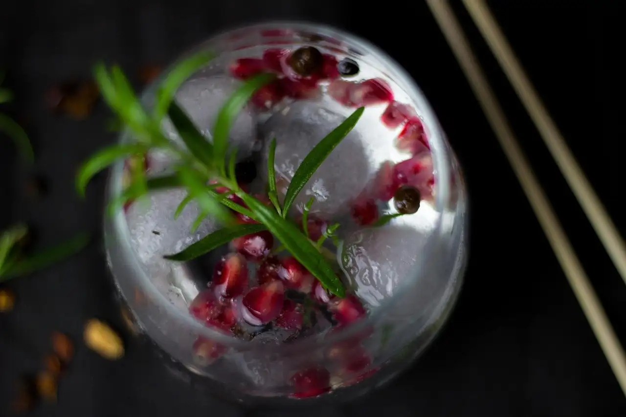 A gin glass with ice, rosemary and pomegranate seeds