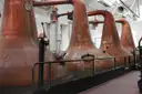 A row of large copper pot stills in a distillery hall