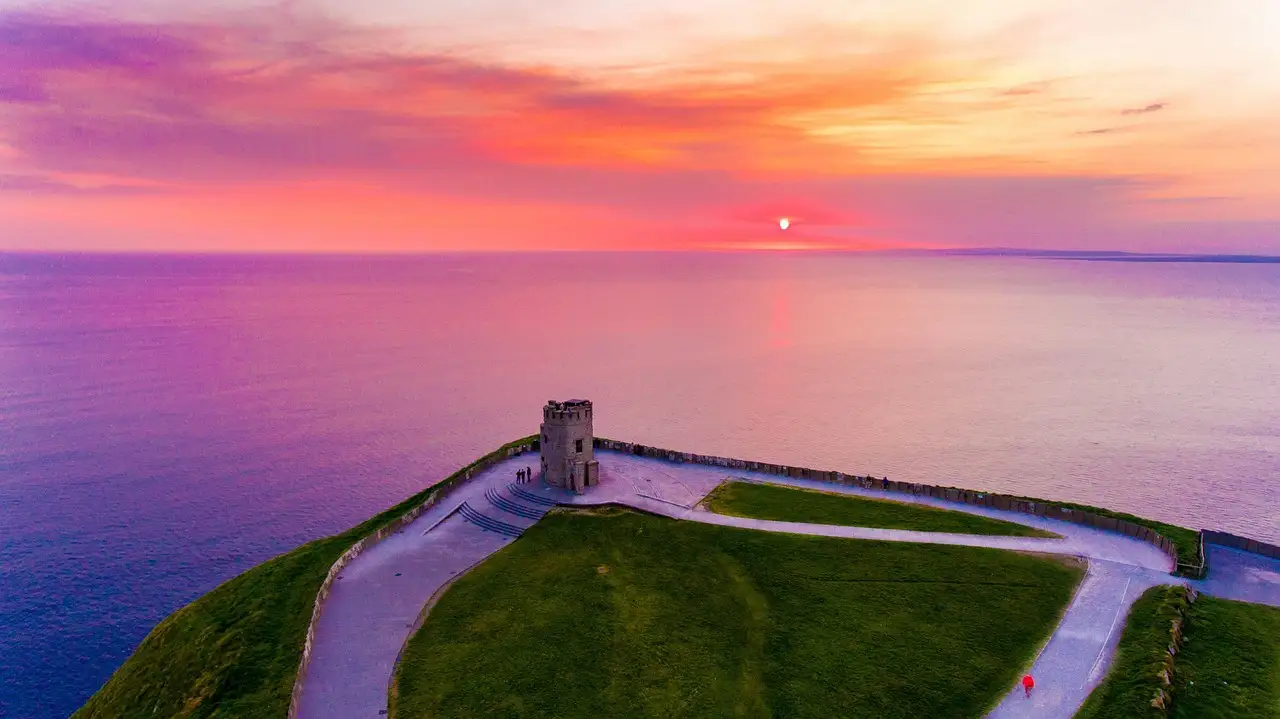 O'Brien's Tower on the Cliffs of Moher at sunset, seen from above