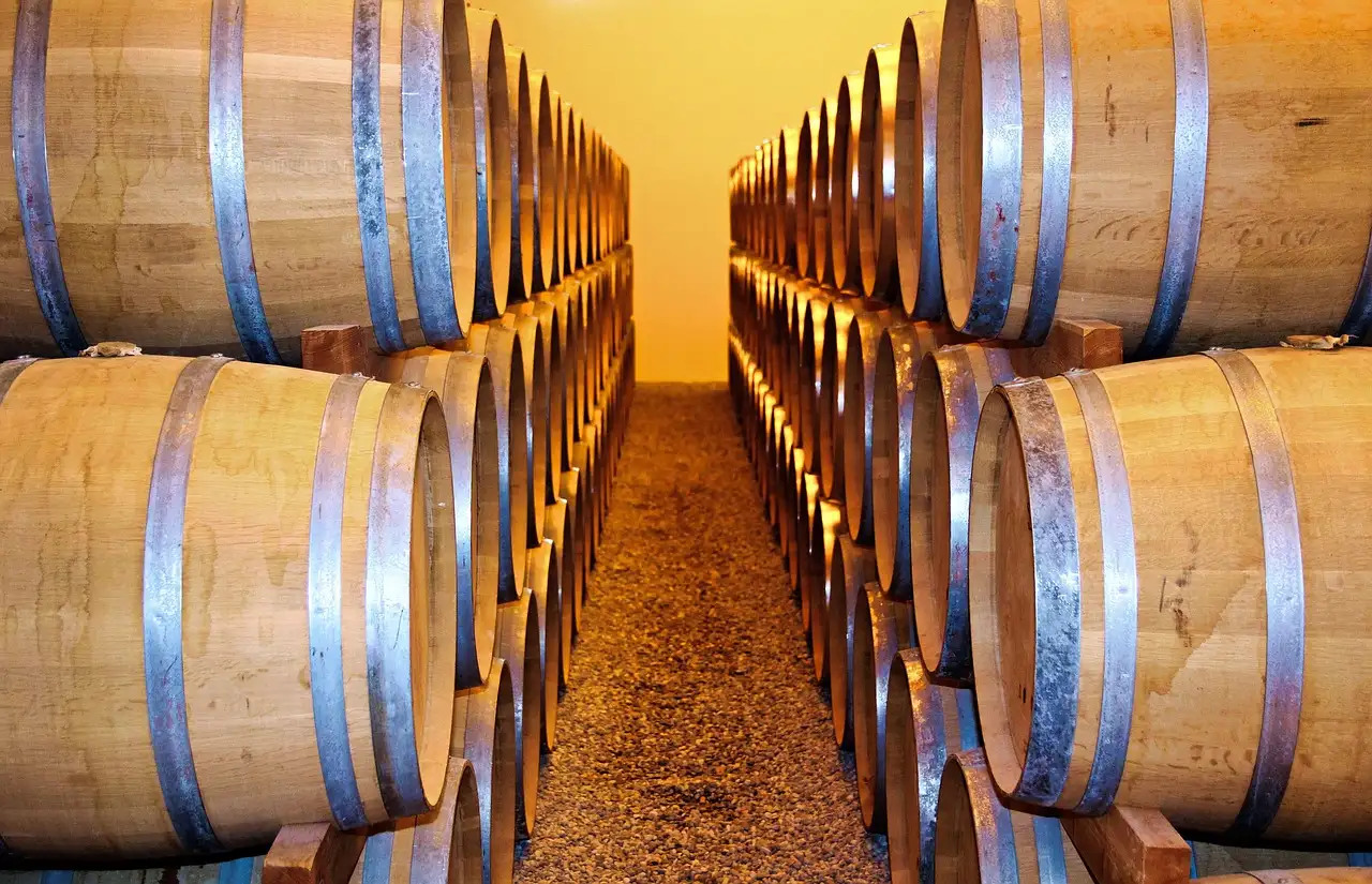 Rows of oak casks on both sides of a narrow aisle