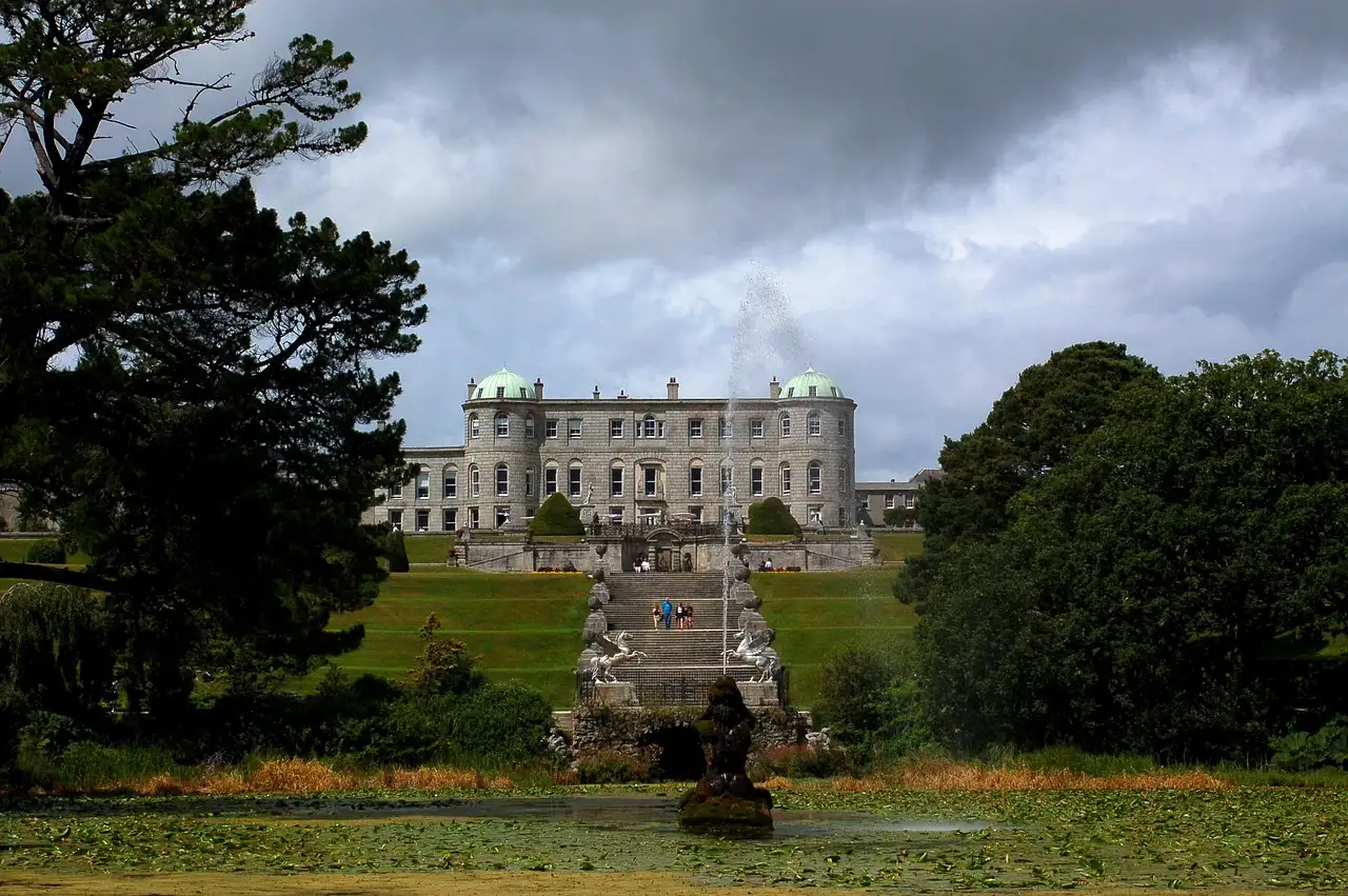 Powerscourt House above its terraced gardens and lake