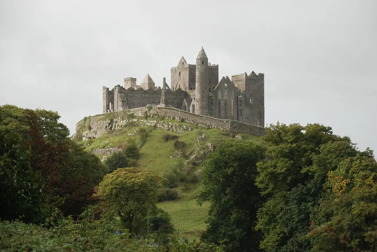 The Rock of Cashel, a ruined castle and church on a green hill