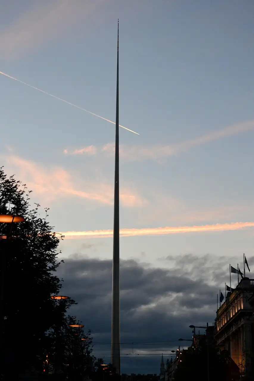 The Spire on O'Connell Street in Dublin, a thin steel needle against an evening sky