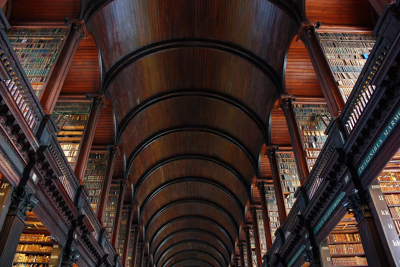 The Long Room library at Trinity College Dublin, with its dark wooden arched ceiling and tall bookcases