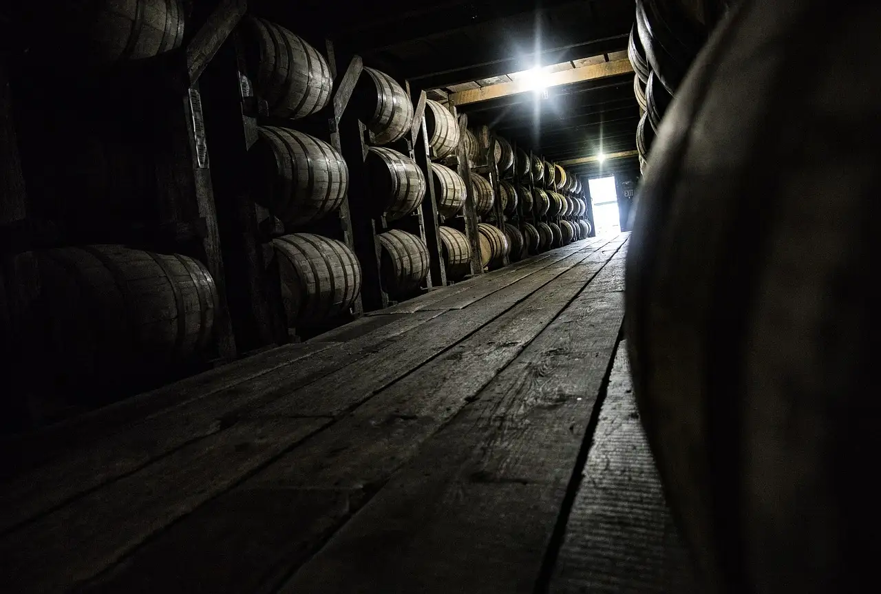 Rows of wooden whiskey barrels in a dark warehouse