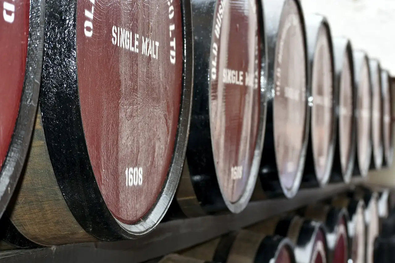 A row of dark wooden whiskey casks lying on their sides in a warehouse